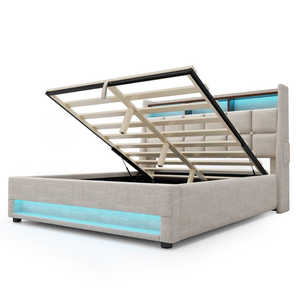 English Elm (=aa20690910b) Queen Storage Bed Linen Upholstered Led Lighting Usb Charging Hydraulic Lift AA20690910B-1