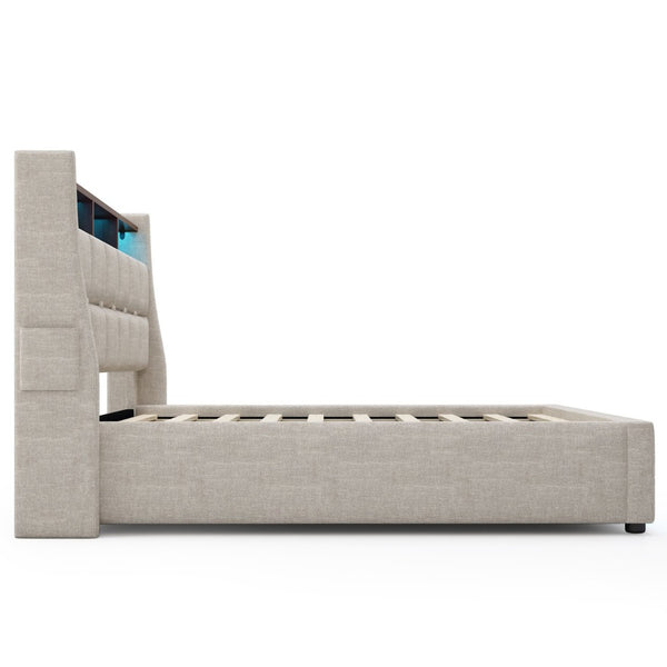English Elm (=aa20690910b) Queen Storage Bed Linen Upholstered Led Lighting Usb Charging Hydraulic Lift AA20690910B-1