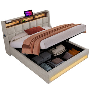 English Elm (=aa20690910b) Queen Storage Bed Linen Upholstered Led Lighting Usb Charging Hydraulic Lift AA20690910B-1