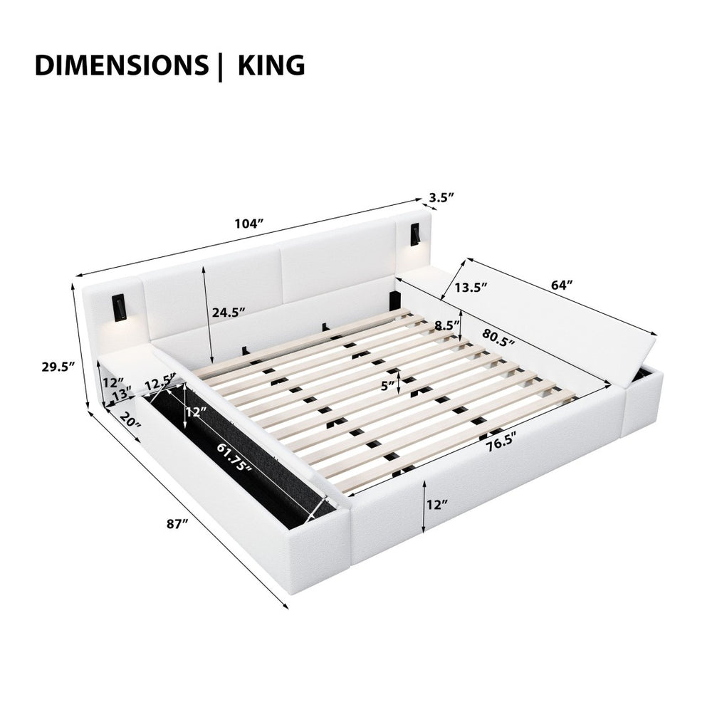 English Elm King Teddy Fleece Platform Bed with Hidden Storage Cubbies and Built-in Led Lights AA26061621K