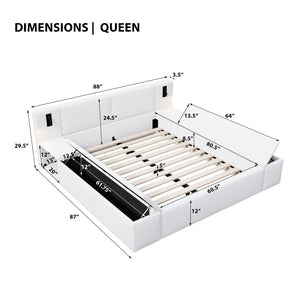 English Elm Queen Teddy Fleece Platform Bed with Hidden Storage Built-in Lights and Side Cubbies AA26061621Q