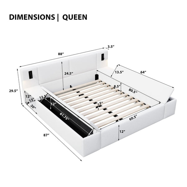 English Elm Queen Teddy Fleece Platform Bed with Hidden Storage Built-in Lights and Side Cubbies AA26061621Q