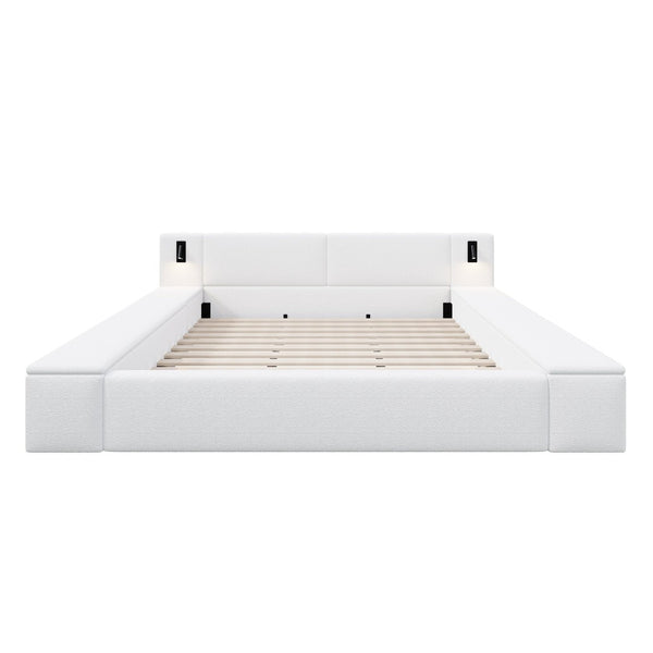 English Elm Queen Teddy Fleece Platform Bed with Hidden Storage Built-in Lights and Side Cubbies AA26061621Q