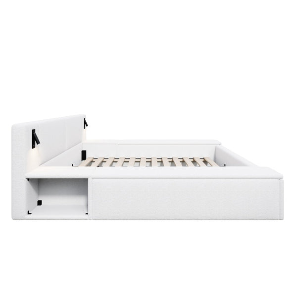 English Elm Queen Teddy Fleece Platform Bed with Hidden Storage Built-in Lights and Side Cubbies AA26061621Q