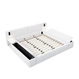 English Elm Queen Teddy Fleece Platform Bed with Hidden Storage Built-in Lights and Side Cubbies AA26061621Q