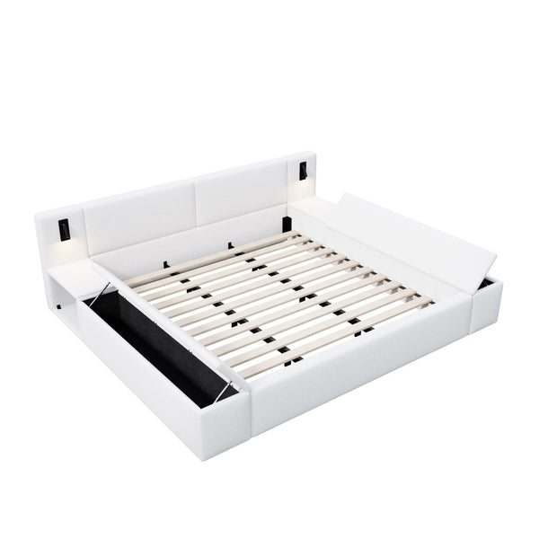English Elm Queen Teddy Fleece Platform Bed with Hidden Storage Built-in Lights and Side Cubbies AA26061621Q