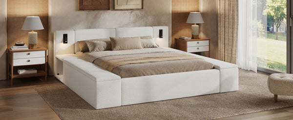 English Elm Queen Teddy Fleece Platform Bed with Hidden Storage Built-in Lights and Side Cubbies AA26061621Q