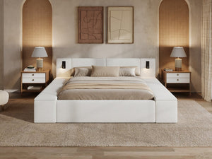 English Elm Queen Teddy Fleece Platform Bed with Hidden Storage Built-in Lights and Side Cubbies AA26061621Q