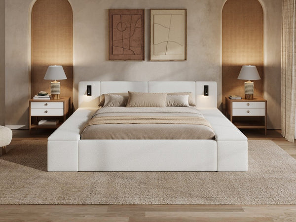 English Elm Queen Teddy Fleece Platform Bed with Hidden Storage Built-in Lights and Side Cubbies AA26061621Q