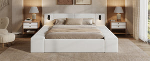 English Elm Queen Teddy Fleece Platform Bed with Hidden Storage Built-in Lights and Side Cubbies AA26061621Q