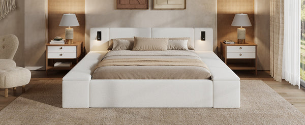 English Elm Queen Teddy Fleece Platform Bed with Hidden Storage Built-in Lights and Side Cubbies AA26061621Q