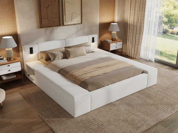 English Elm Queen Teddy Fleece Platform Bed with Hidden Storage Built-in Lights and Side Cubbies AA26061621Q