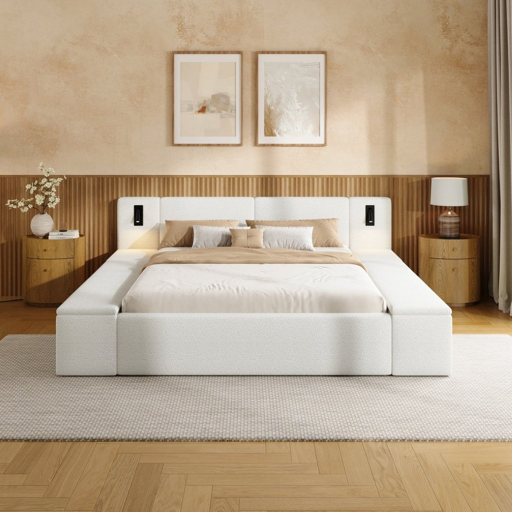English Elm Queen Teddy Fleece Platform Bed with Hidden Storage Built-in Lights and Side Cubbies AA26061621Q