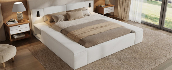English Elm Queen Teddy Fleece Platform Bed with Hidden Storage Built-in Lights and Side Cubbies AA26061621Q