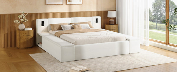 English Elm Queen Teddy Fleece Platform Bed with Hidden Storage Built-in Lights and Side Cubbies AA26061621Q