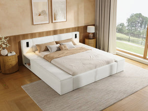 English Elm Queen Teddy Fleece Platform Bed with Hidden Storage Built-in Lights and Side Cubbies AA26061621Q