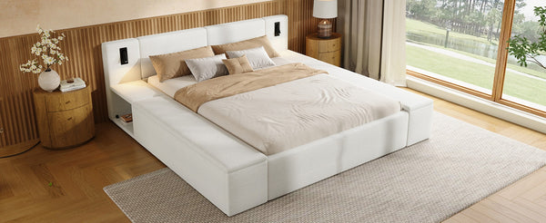 English Elm Queen Teddy Fleece Platform Bed with Hidden Storage Built-in Lights and Side Cubbies AA26061621Q