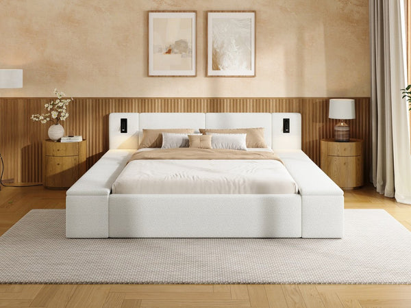English Elm Queen Teddy Fleece Platform Bed with Hidden Storage Built-in Lights and Side Cubbies AA26061621Q