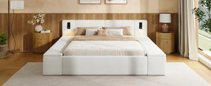 English Elm Queen Teddy Fleece Platform Bed with Hidden Storage Built-in Lights and Side Cubbies AA26061621Q