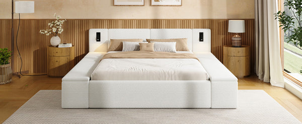 English Elm Queen Teddy Fleece Platform Bed with Hidden Storage Built-in Lights and Side Cubbies AA26061621Q