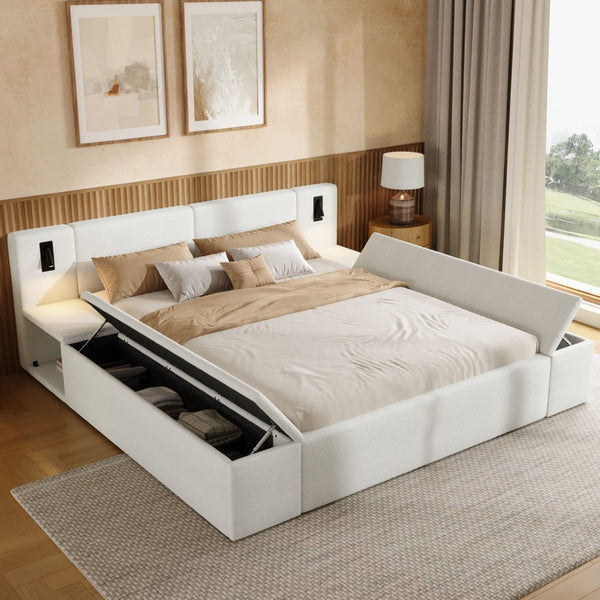 English Elm Queen Teddy Fleece Platform Bed with Hidden Storage Built-in Lights and Side Cubbies AA26061621Q