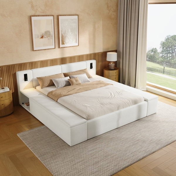 English Elm Queen Teddy Fleece Platform Bed with Hidden Storage Built-in Lights and Side Cubbies AA26061621Q