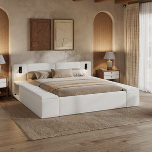 English Elm Queen Teddy Fleece Platform Bed with Hidden Storage Built-in Lights and Side Cubbies AA26061621Q