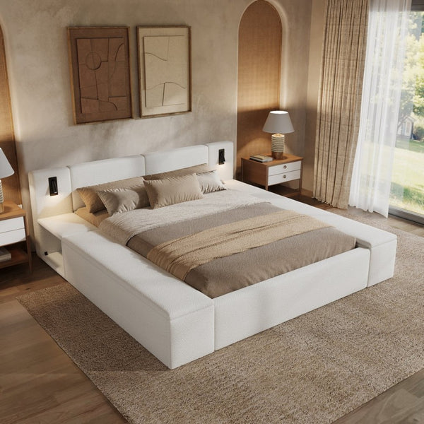 English Elm Queen Teddy Fleece Platform Bed with Hidden Storage Built-in Lights and Side Cubbies AA26061621Q