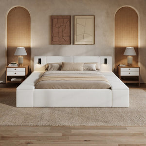 English Elm Queen Teddy Fleece Platform Bed with Hidden Storage Built-in Lights and Side Cubbies AA26061621Q