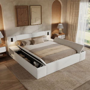English Elm Queen Teddy Fleece Platform Bed with Hidden Storage Built-in Lights and Side Cubbies AA26061621Q