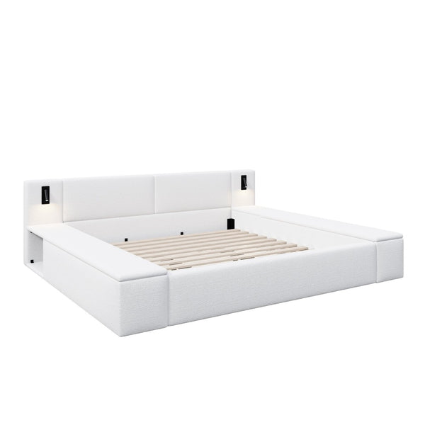English Elm Queen Teddy Fleece Platform Bed with Hidden Storage Built-in Lights and Side Cubbies AA26061621Q