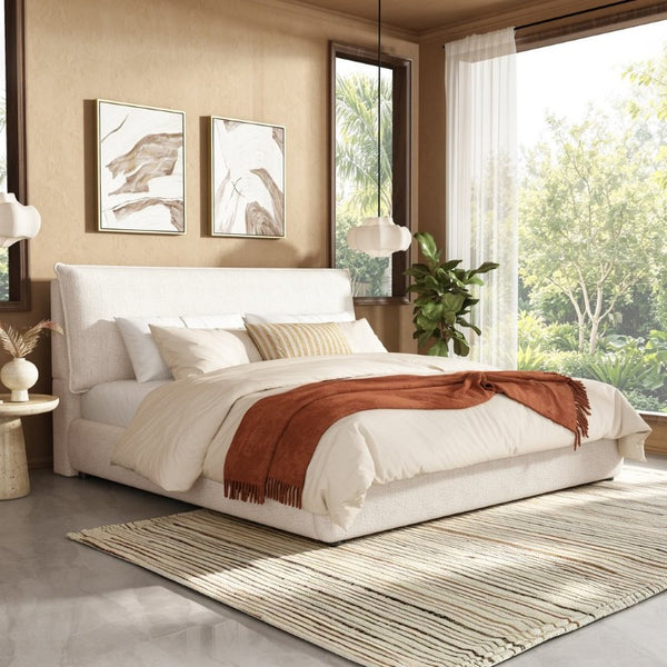 English Elm Upholstered King Platform Bed Chenille Pillow Headboard Low Profile Modern Bedroom Cream White 88.5 L x 83 W x 40 H AA26085861K