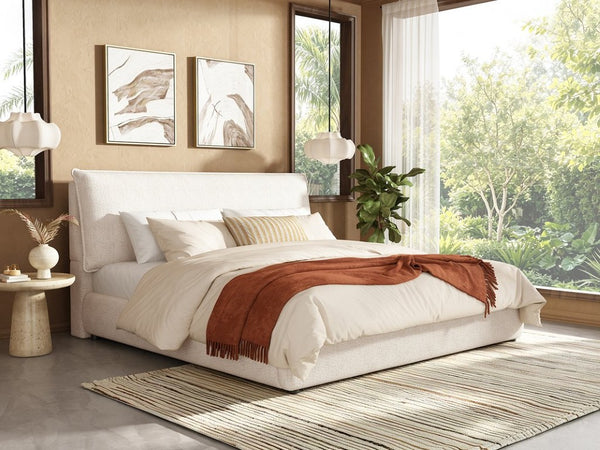 English Elm Upholstered King Platform Bed Chenille Pillow Headboard Low Profile Modern Bedroom Cream White 88.5 L x 83 W x 40 H AA26085861K
