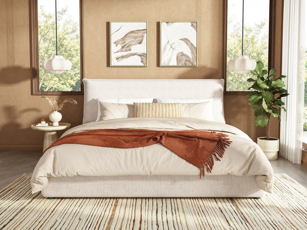 English Elm Upholstered King Platform Bed Chenille Pillow Headboard Low Profile Modern Bedroom Cream White 88.5 L x 83 W x 40 H AA26085861K