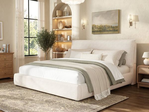 English Elm Upholstered King Platform Bed Chenille Pillow Headboard Low Profile Modern Bedroom Cream White 88.5 L x 83 W x 40 H AA26085861K