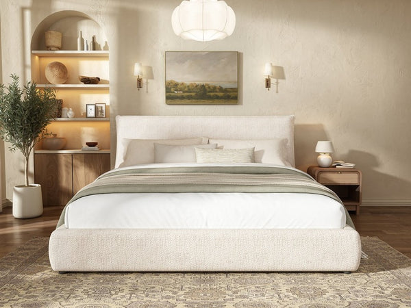 English Elm Upholstered King Platform Bed Chenille Pillow Headboard Low Profile Modern Bedroom Cream White 88.5 L x 83 W x 40 H AA26085861K