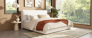 English Elm Upholstered King Platform Bed Chenille Pillow Headboard Low Profile Modern Bedroom Cream White 88.5 L x 83 W x 40 H AA26085861K