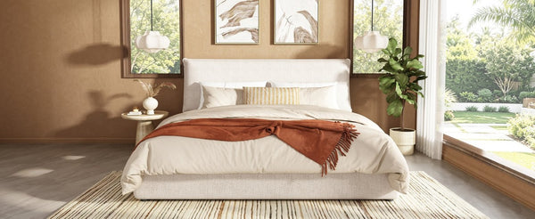 English Elm Upholstered King Platform Bed Chenille Pillow Headboard Low Profile Modern Bedroom Cream White 88.5 L x 83 W x 40 H AA26085861K