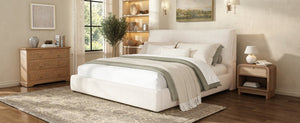 English Elm Upholstered King Platform Bed Chenille Pillow Headboard Low Profile Modern Bedroom Cream White 88.5 L x 83 W x 40 H AA26085861K