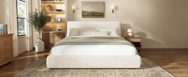 English Elm Upholstered King Platform Bed Chenille Pillow Headboard Low Profile Modern Bedroom Cream White 88.5 L x 83 W x 40 H AA26085861K