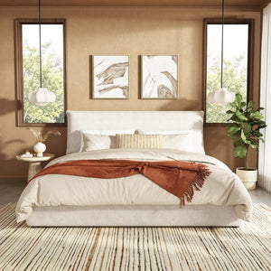 English Elm Upholstered King Platform Bed Chenille Pillow Headboard Low Profile Modern Bedroom Cream White 88.5 L x 83 W x 40 H AA26085861K
