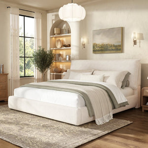 English Elm Upholstered King Platform Bed Chenille Pillow Headboard Low Profile Modern Bedroom Cream White 88.5 L x 83 W x 40 H AA26085861K