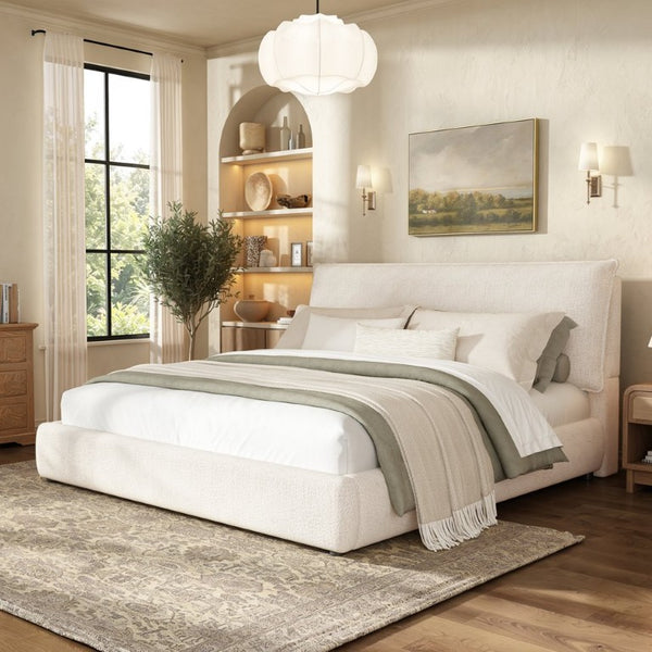 English Elm Upholstered King Platform Bed Chenille Pillow Headboard Low Profile Modern Bedroom Cream White 88.5 L x 83 W x 40 H AA26085861K