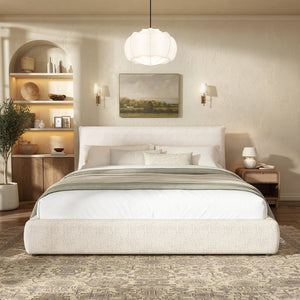 English Elm Upholstered King Platform Bed Chenille Pillow Headboard Low Profile Modern Bedroom Cream White 88.5 L x 83 W x 40 H AA26085861K