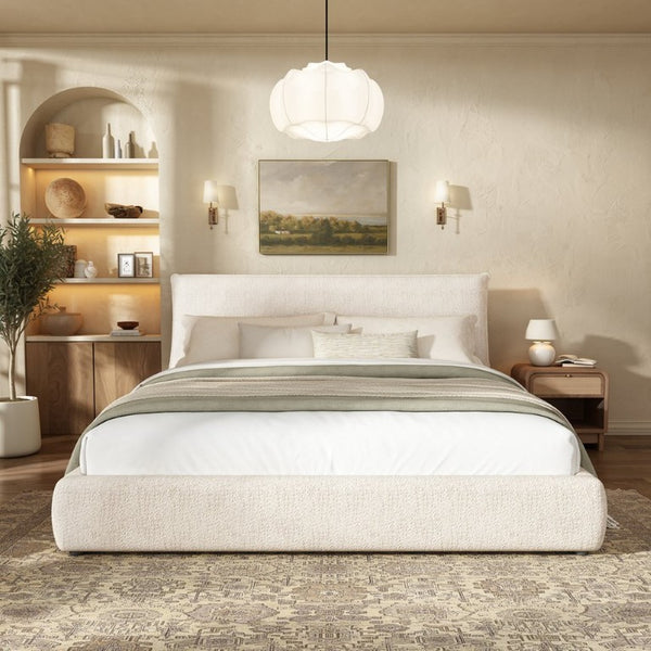 English Elm Upholstered King Platform Bed Chenille Pillow Headboard Low Profile Modern Bedroom Cream White 88.5 L x 83 W x 40 H AA26085861K
