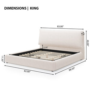 English Elm Upholstered King Platform Bed Chenille Pillow Headboard Low Profile Modern Bedroom Cream White 88.5 L x 83 W x 40 H AA26085861K
