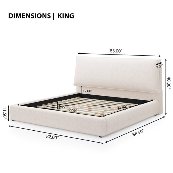 English Elm Upholstered King Platform Bed Chenille Pillow Headboard Low Profile Modern Bedroom Cream White 88.5 L x 83 W x 40 H AA26085861K