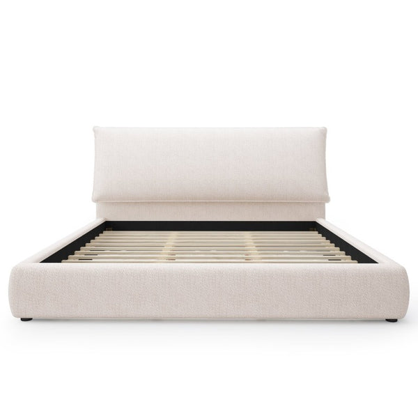 English Elm Upholstered King Platform Bed Chenille Pillow Headboard Low Profile Modern Bedroom Cream White 88.5 L x 83 W x 40 H AA26085861K