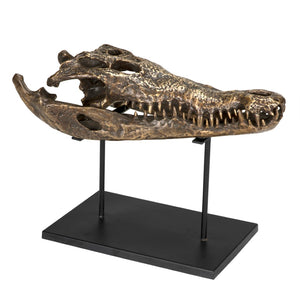 Noir Brass Alligator Sculpture on Iron Stand - Elegant Antique Finish for Home, Office, or Gallery Display AB-83L