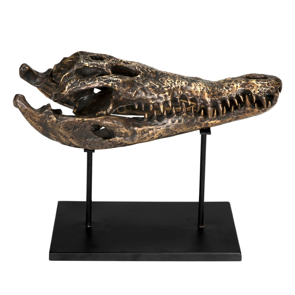 Noir Brass Alligator Sculpture on Iron Stand - Elegant Antique Finish for Home, Office, or Gallery Display AB-83L